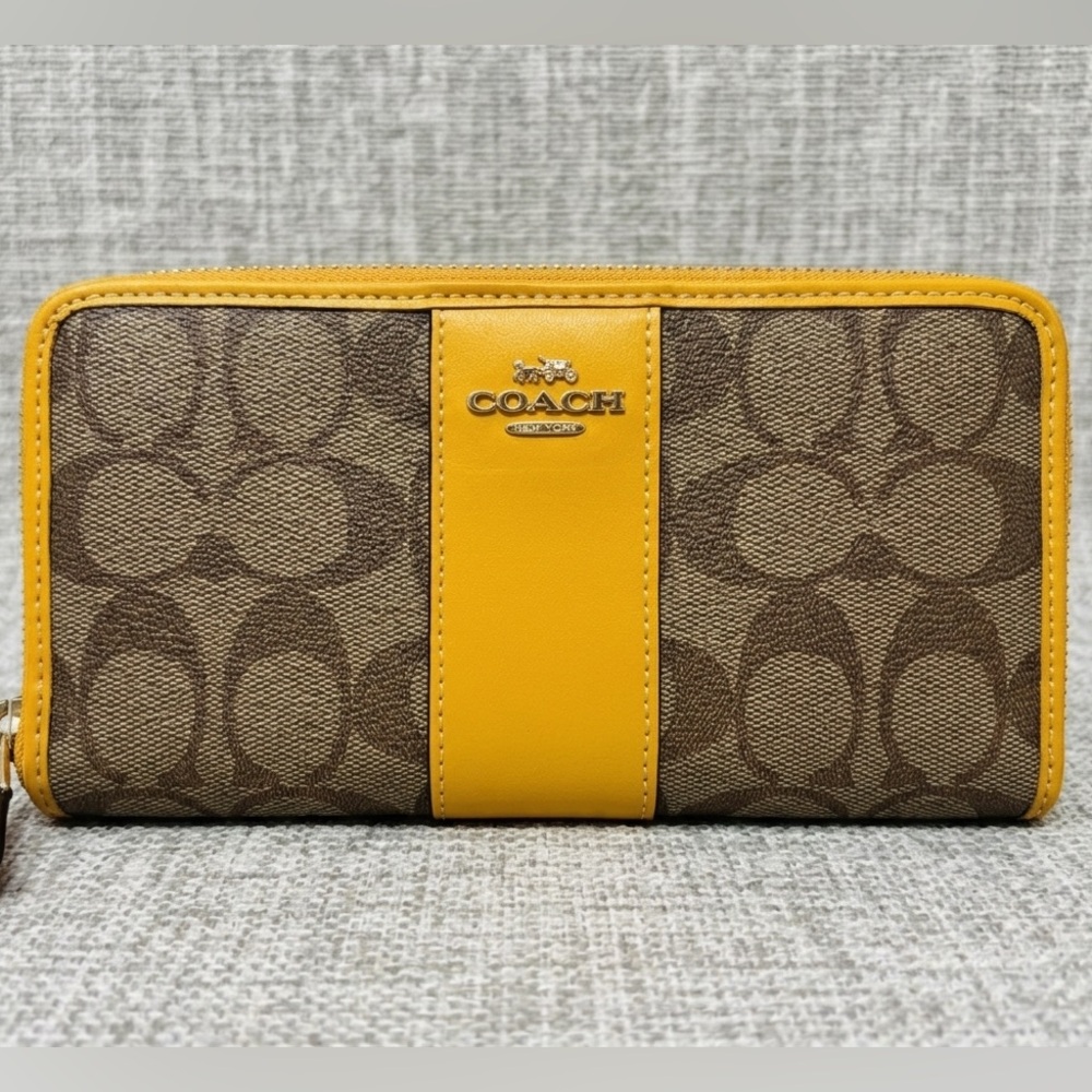 Coach Signature Canvas Wallet with Yellow Leather Trim - Like New